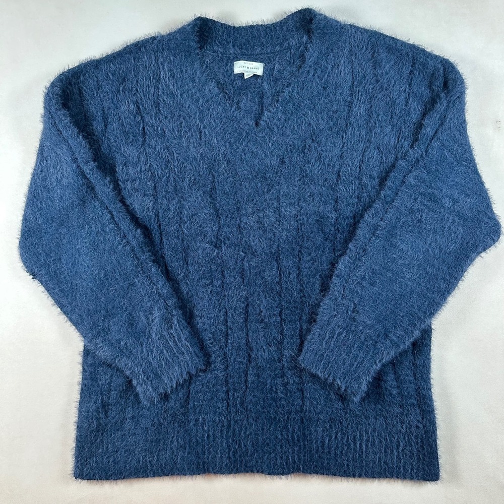 Lucky Brand Women's L Blue Fuzzy Cable Knit V Neck Sweater Eyelash Cozy Boho